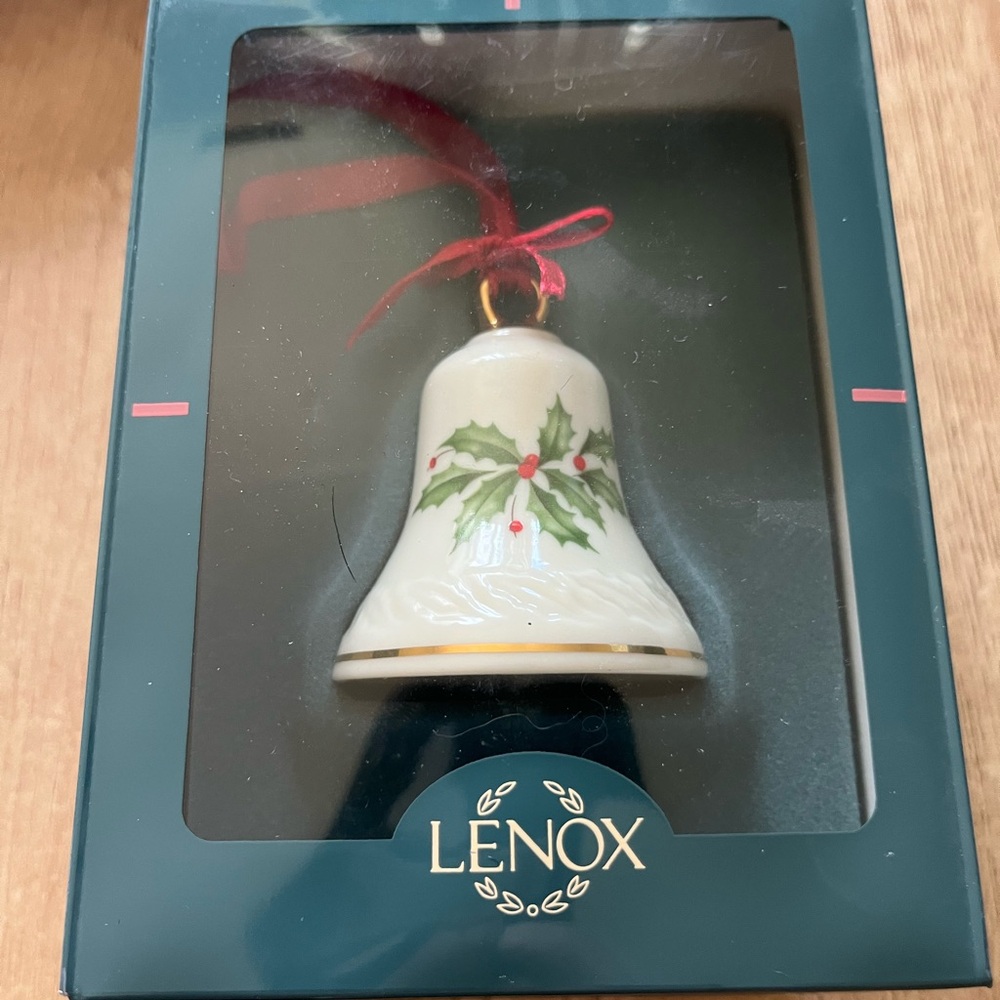 Lenox White Bell Ornament with Green Holly and Red Berries